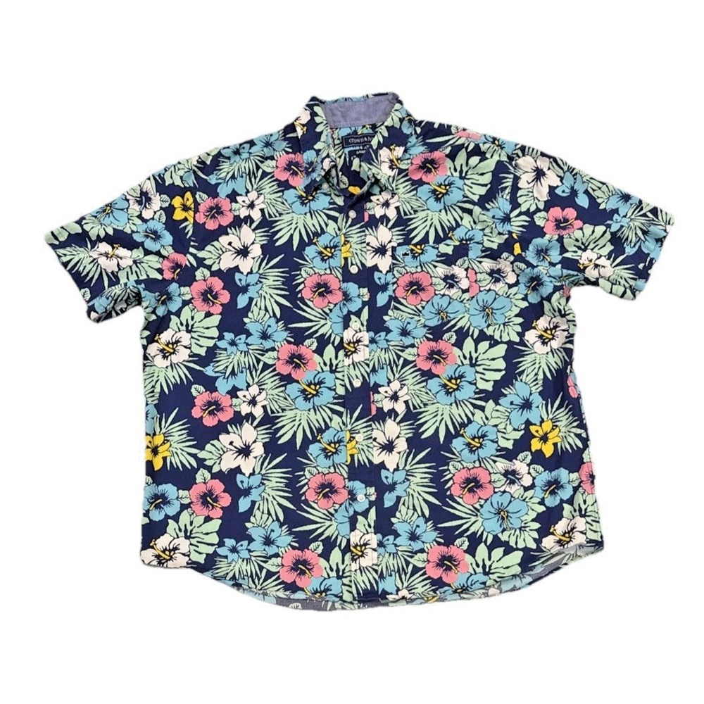 Crown & Ivy Men's L Blue Floral Hawaiian Shirt Short Sleeve Cotton Blend